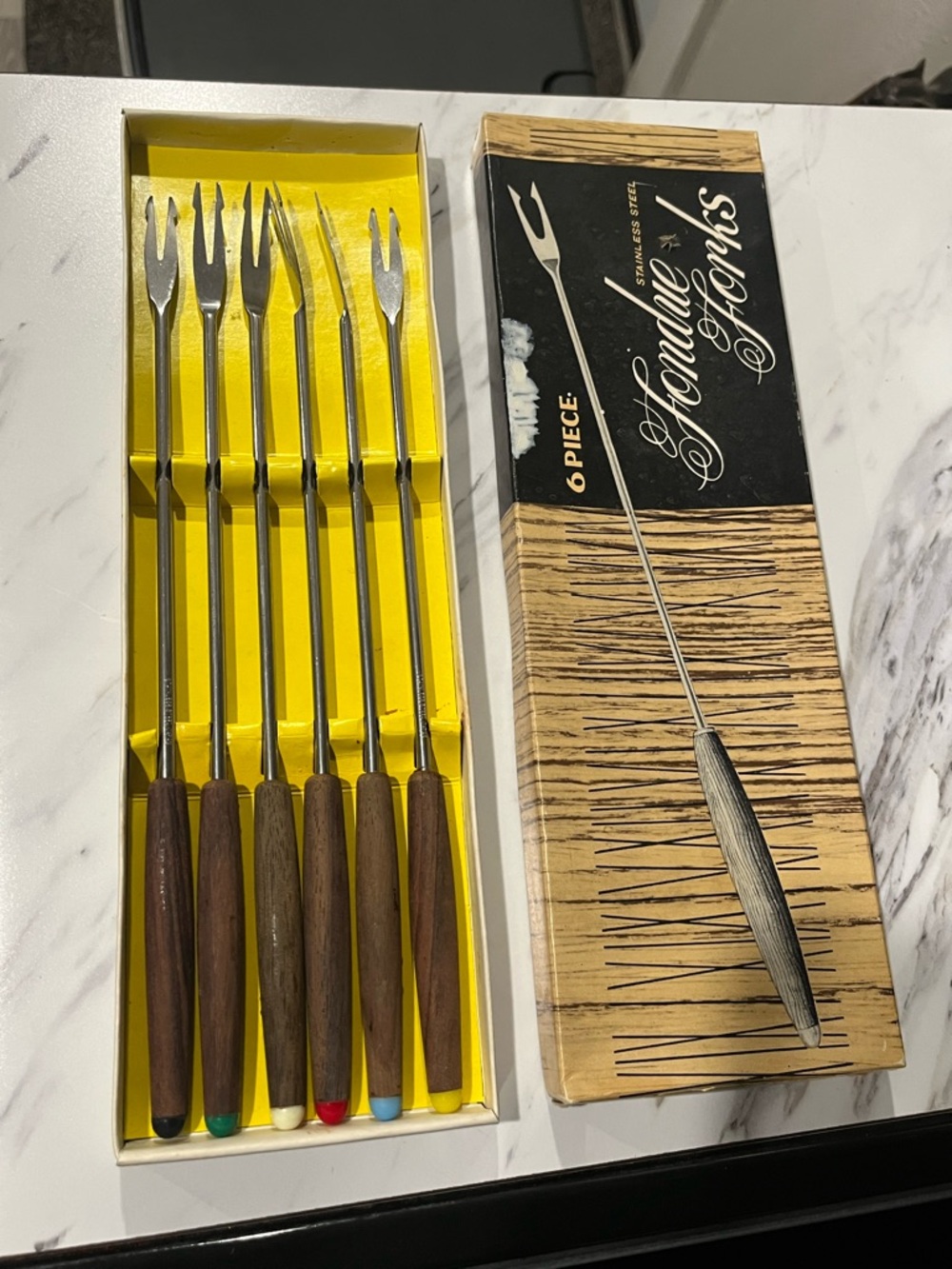 Stainless Steel Fondue Forks Set with Wood Handles - 6 Piece, vintage